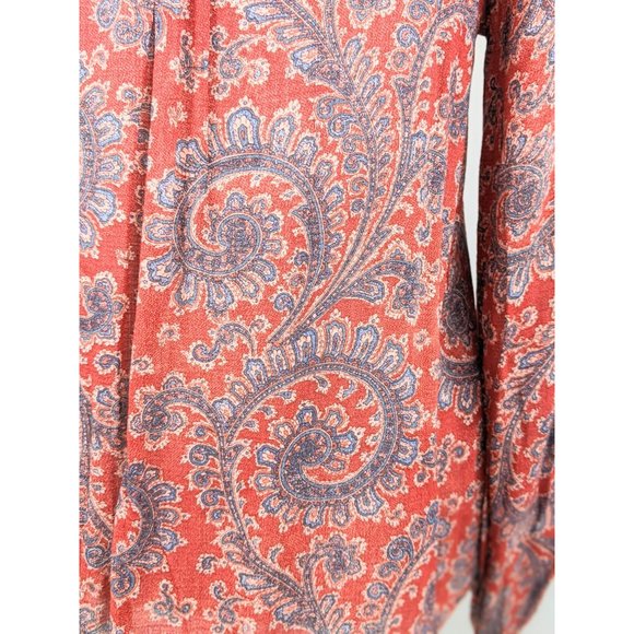 Maroon Paisley Print Peasant Blouse Flowy Pleated Casual Top Balloon Sleeves - Picture 3 of 9